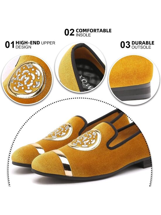 XQWFH Men\'s Yellow Leather Velvet Loafers With Gold Plate Smoking Slip On Shoes
